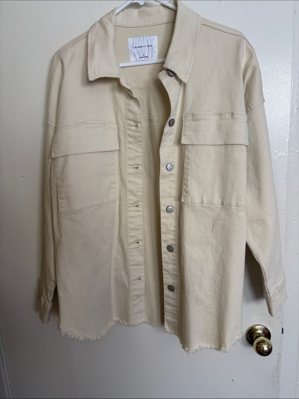 Celebrity Pink Cream Frayed-Hem Oversized Button Jacket